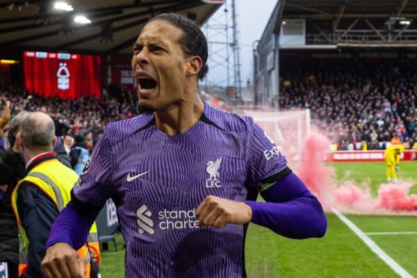 NOTTINGHAM, ENGLAND - Saturday, March 2, 2024: Liverpool's captain Virgil van Dijk celebrates his side's winning goal in the ninth minute of injury time during the FA Premier League match between Nottingham Forest FC and Liverpool FC at the City Ground. Liverpool won 1-0. (Photo by David Rawcliffe/Propaganda)