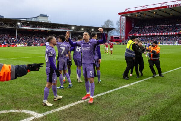 NOTTINGHAM, ENGLAND - Saturday, March 2, 2024: Liverpool's Darwin Núñez celebrates after scoring the winning goal in the ninth minute of injury time during the FA Premier League match between Nottingham Forest FC and Liverpool FC at the City Ground. Liverpool won 1-0. (Photo by David Rawcliffe/Propaganda)