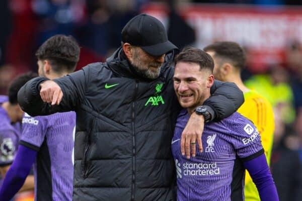 NOTTINGHAM, ENGLAND - Saturday, March 2, 2024: Liverpool's manager Jürgen Klopp (L) and Alexis Mac Allister after the FA Premier League match between Nottingham Forest FC and Liverpool FC at the City Ground. Liverpool won 1-0. (Photo by David Rawcliffe/Propaganda)