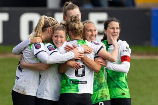 WALSALL, ENGLAND - Sunday, March 3, 2024: Liverpool's Emma Koivisto (2nd from R) celebrates with team-mates after scoring the third goal during the FA Women’s Super League match between Aston Villa FC Women and Liverpool FC Women at the Bescot Stadium. Liverpool won 4-1. (Photo by David Rawcliffe/Propaganda)