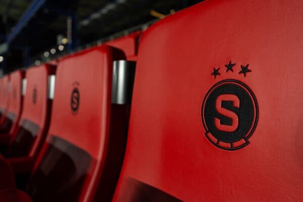 PRAGUE, CZECH REPUBLIC - Wednesday, March 6, 2024: Sparta Praha's logo on a seat seen before at the Stadion Letná ahead of the UEFA Europa League Round of 16 1st Leg match between AC Sparta Praha and Liverpool FC. (Photo by David Rawcliffe/Propaganda)