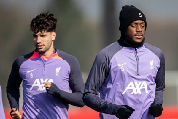 LIVERPOOL, ENGLAND - Wednesday, March 6, 2024: Liverpool's Ibrahima Konaté (R) and Dominik Szoboszlai during a training session at the AXA Training Centre ahead of the UEFA Europa League Round of 16 1st Leg match between AC Sparta Praha and Liverpool FC. (Photo by Jessica Hornby/Propaganda)