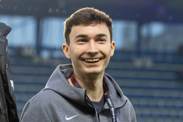 PRAGUE, CZECH REPUBLIC - Thursday, March 7, 2024: Liverpool's Mateusz Musialowski on the pitch before the UEFA Europa League Round of 16 1st Leg match between AC Sparta Praha and Liverpool FC at Stadion Letná. (Photo by David Rawcliffe/Propaganda)