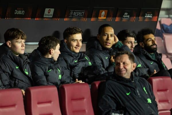 PRAGUE, CZECH REPUBLIC - Thursday, March 7, 2024: Liverpool substitutes (L-R) James McConnell, Mateusz Musialowski, Fabian Mrozak, captain Virgil van Dijk, Dominik Szoboszlai, Mohamed Salah before the UEFA Europa League Round of 16 1st Leg match between AC Sparta Praha and Liverpool FC at Stadion Letná. (Photo by David Rawcliffe/Propaganda)