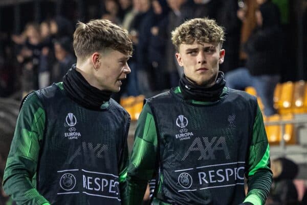 PRAGUE, CZECH REPUBLIC - Thursday, March 7, 2024: Liverpool's (L-R) substitutes James McConnell, Bobby Clark, Kaide Gordon warm-up during the UEFA Europa League Round of 16 1st Leg match between AC Sparta Praha and Liverpool FC at Stadion Letná. (Photo by David Rawcliffe/Propaganda)