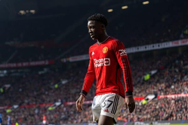 MANCHESTER, ENGLAND - Saturday, March 9, 2024: Manchester United's Kobbie Mainoo during the FA Premier League match between Manchester United FC and Everton FC at Old Trafford. Man Utd won 2-0. (Photo by David Rawcliffe/Propaganda)