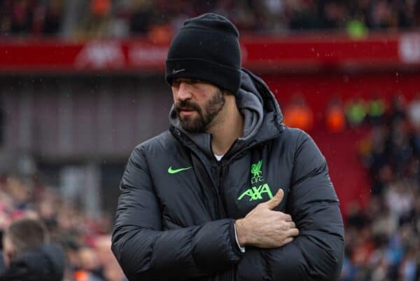 LIVERPOOL, ENGLAND - Sunday, March 10, 2024: Liverpool's injured goalkeeper Alisson Becker during the FA Premier League match between Liverpool FC and Manchester City FC at Anfield. The game ended 1-1. (Photo by David Rawcliffe/Propaganda)