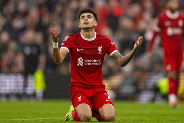 LIVERPOOL, ENGLAND - Sunday, March 10, 2024: Liverpool's Luis Díaz looks dejected after missing a chance during the FA Premier League match between Liverpool FC and Manchester City FC at Anfield. The game ended 1-1. (Photo by David Rawcliffe/Propaganda)