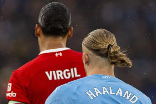 LIVERPOOL, ENGLAND - Sunday, March 10, 2024: Liverpool's captain Virgil van Dijk (L) and Manchester City's Erling Haaland during the FA Premier League match between Liverpool FC and Manchester City FC at Anfield. The game ended 1-1. (Photo by David Rawcliffe/Propaganda)