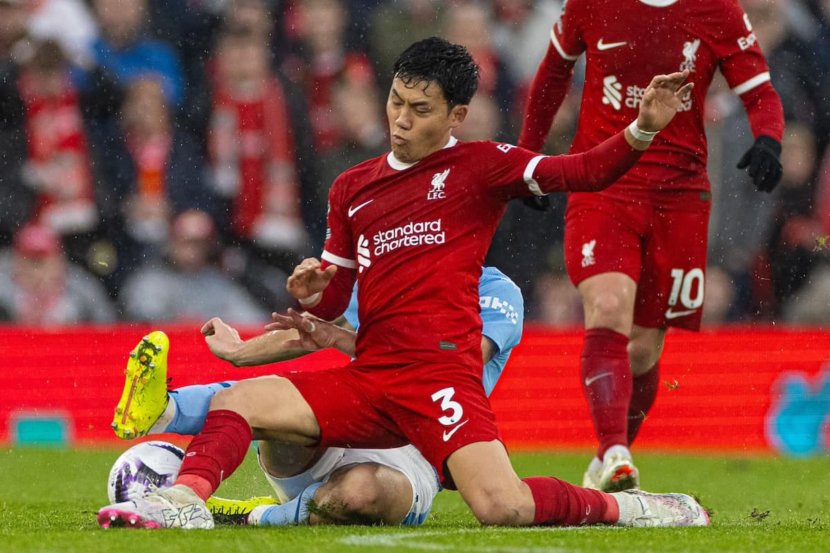 LIVERPOOL, ENGLAND - Sunday, March 10, 2024: Manchester City's Mateo Kova?i? (L) is challenged by Liverpool's Wataru End? during the FA Premier League match between Liverpool FC and Manchester City FC at Anfield. The game ended 1-1. (Photo by David Rawcliffe/Propaganda)