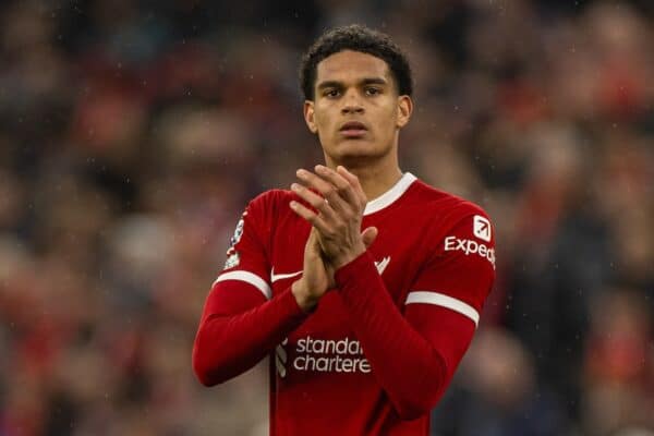 LIVERPOOL, ENGLAND - Sunday, March 10, 2024: Liverpool's Jarell Quansah applauds the supporters after the FA Premier League match between Liverpool FC and Manchester City FC at Anfield. The game ended 1-1. (Photo by David Rawcliffe/Propaganda)