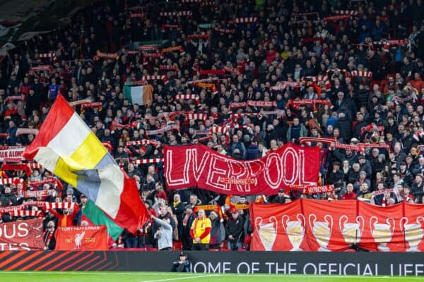 LIVERPOOL, ENGLAND - Thursday, March 14, 2024: Liverpool supporters on the Spion Kop during the UEFA Europa League Round of 16 2nd Leg match between Liverpool FC and AC Sparta Praha at Anfield. Liverpool won 6-1, 11-2 on aggregate. (Photo by David Rawcliffe/Propaganda)