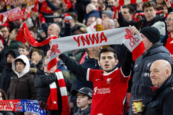 LIVERPOOL, ENGLAND - Thursday, March 14, 2024: Liverpool supporters sing "You'll Never Walk Alone" before the UEFA Europa League Round of 16 2nd Leg match between Liverpool FC and AC Sparta Praha at Anfield. Liverpool won 6-1, 11-2 on aggregate. (Photo by David Rawcliffe/Propaganda)