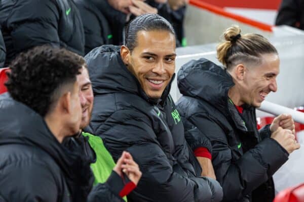 LIVERPOOL, ENGLAND - Thursday, March 14, 2024: Liverpool's substitute captain Virgil van Dijk on the bench before the UEFA Europa League Round of 16 2nd Leg match between Liverpool FC and AC Sparta Praha at Anfield. Liverpool won 6-1, 11-2 on aggregate. (Photo by David Rawcliffe/Propaganda)