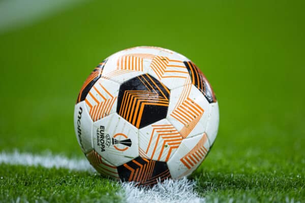 LIVERPOOL, ENGLAND - Thursday, March 14, 2024: The official match ball during the UEFA Europa League Round of 16 2nd Leg match between Liverpool FC and AC Sparta Praha at Anfield. Liverpool won 6-1, 11-2 on aggregate. (Photo by David Rawcliffe/Propaganda)