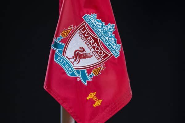 LIVERPOOL, ENGLAND - Thursday, March 14, 2024: Liverpool's crest on a corner flag seen during the UEFA Europa League Round of 16 2nd Leg match between Liverpool FC and AC Sparta Praha at Anfield. Liverpool won 6-1, 11-2 on aggregate. (Photo by David Rawcliffe/Propaganda)