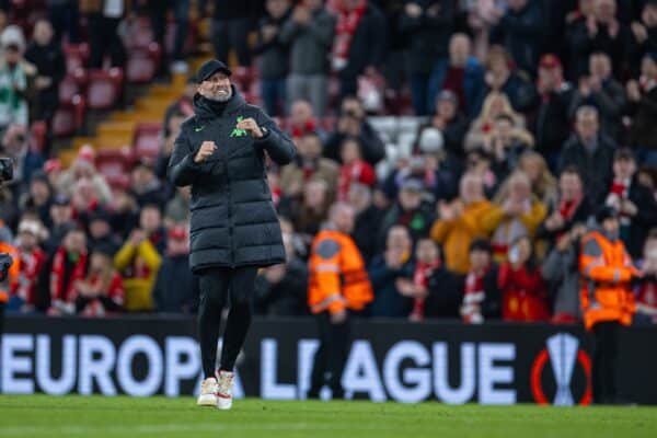 LIVERPOOL, ENGLAND - Thursday, March 14, 2024: Liverpool's manager Jürgen Klopp celebrates after during the UEFA Europa League Round of 16 2nd Leg match between Liverpool FC and AC Sparta Praha at Anfield. Liverpool won 6-1, 11-2 on aggregate. (Photo by David Rawcliffe/Propaganda)