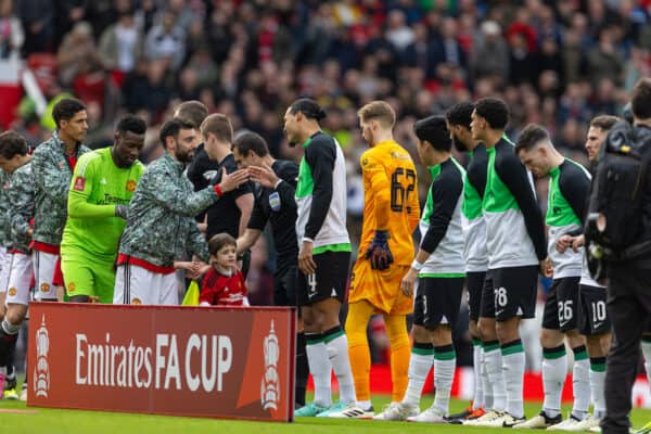 MANCHESTER, ENGLAND - Sunday, March 17, 2024: Manchester United's captain Bruno Fernandes shakes hands with Liverpool's captain Virgil van Dijk before the FA Cup Quarter-Final match between Manchester United FC and Liverpool FC at Old Trafford. Man Utd won 4-3 after extra-time. (Photo by David Rawcliffe/Propaganda)