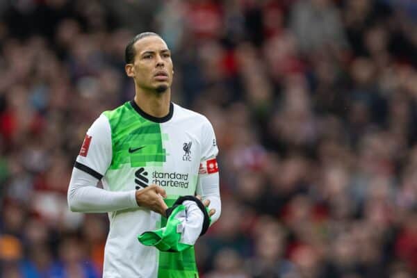 MANCHESTER, ENGLAND - Sunday, March 17, 2024: Liverpool's captain Virgil van Dijk before the FA Cup Quarter-Final match between Manchester United FC and Liverpool FC at Old Trafford. Man Utd won 4-3 after extra-time. (Photo by David Rawcliffe/Propaganda)