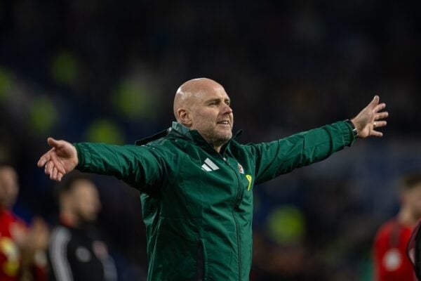 CARDIFF, WALES - Thursday, March 21, 2024: Wales' manager Robert Page celebrates after the UEFA Euro 2024 Qualifying Play-off Semi-Final match between Wales and Finland at the Cardiff City Stadium. Wales won 4-1. (Photo by David Rawcliffe/Propaganda)