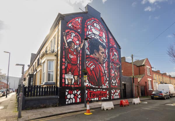 LIVERPOOL, ENGLAND - Friday, March 22, 2024: A new street art mural of Liverpool and England striker Robbie Fowler, nicknamed 'God', painted on a terrace house a few streets away from Anfield Stadium. (Photo by David Rawcliffe/Propaganda)