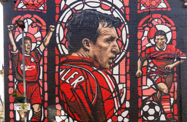 LIVERPOOL, ENGLAND - Friday, March 22, 2024: A new street art mural of Liverpool and England striker Robbie Fowler, nicknamed 'God', painted on a terrace house a few streets away from Anfield Stadium. (Photo by David Rawcliffe/Propaganda)