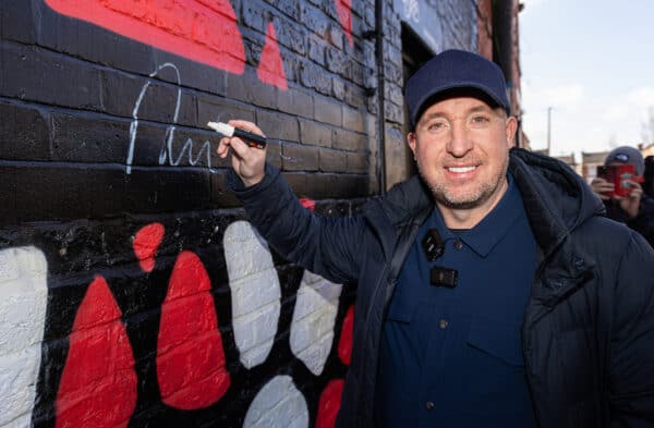 LIVERPOOL, ENGLAND - Friday, March 22, 2024: Former Liverpool and England striker Robbie Fowler at the opening of a new street art mural painted on a terrace house a few streets away from Anfield Stadium. (Photo by David Rawcliffe/Propaganda)