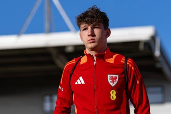 NEWPORT, WALES - Friday, March 22, 2024: Wales’ Lewis Koumas arrives before the 2025 UEFA European Under-21 Championship Qualifying Group I game between Wales and Lithuania at Rodney Parade. (Photo by Will Cooper/Propaganda)