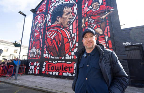 LIVERPOOL, ENGLAND - Friday, March 22, 2024: Former Liverpool and England striker Robbie Fowler at the opening of a new street art mural painted on a terrace house a few streets away from Anfield Stadium. (Photo by David Rawcliffe/Propaganda)