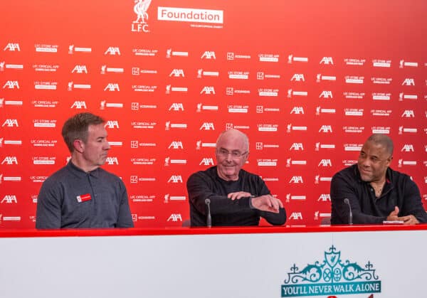 LIVERPOOL, ENGLAND - Friday, March 22, 2024: (L-R) LFC Foundation CEO Matt Parish, former England manager Sven-Göran Eriksson and former Liverpool and England winger John Barnes during a pre-match press conference ahead of the LFC Foundation match between Liverpool FC Legends and Ajax FC Legends at Anfield. (Photo by David Rawcliffe/Propaganda)