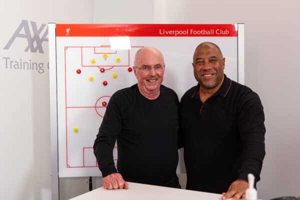 LIVERPOOL, ENGLAND - Friday, March 22, 2024: Former England manager Sven-Göran Eriksson (L) and John Barnes (R) pose for a photograph after a pre-match press conference ahead of the LFC Foundation match between Liverpool FC Legends and Ajax FC Legends at Anfield. Sven was invited to be the Liverpool manager for the game by Jürgen Klopp. (Photo by David Rawcliffe/Propaganda)