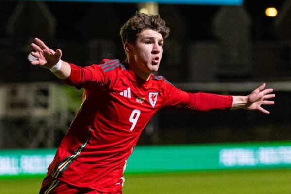 NEWPORT, WALES - Friday, March 22, 2024: Wales' Lewis Koumas celebrates after scoring the winning second goal during the 2025 UEFA European Under-21 Championship Qualifying Group I game between Wales and Lithuania at Rodney Parade. (Photo by Will Cooper/Propaganda)