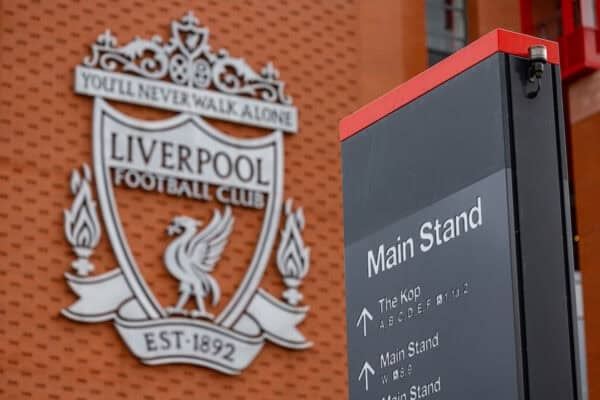 LIVERPOOL, ENGLAND - Saturday, March 23, 2024: Liverpool Main Stand signage during the LFC Foundation match between Liverpool FC Legends and Ajax FC Legends at Anfield. Liverpool won 4-2. (Photo by David Rawcliffe/Propaganda)
