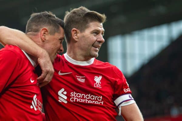 LIVERPOOL, ENGLAND - Saturday, March 23, 2024: Liverpool's Fernando Torres (C) celebrates with team-mates Nabil El Zhar (L) and Steven Gerrard (R) after scoring his side's fouth goal during the LFC Foundation match between Liverpool FC Legends and Ajax FC Legends at Anfield. (Photo by Propaganda)