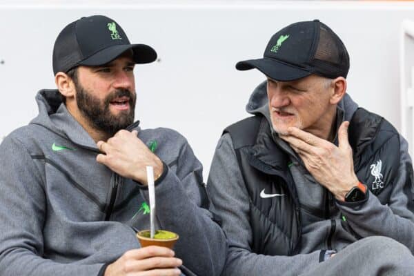 LIVERPOOL, ENGLAND - Sunday, March 31, 2024: Liverpool's goalkeeper Alisson Becker (L) with a maté drink (chimarrão) sits with goalkeeping coach Claudio Taffarel before the FA Premier League match between Liverpool FC and Brighton & Hove Albion FC at Anfield. Liverpool won 2-1. (Photo by David Rawcliffe/Propaganda)