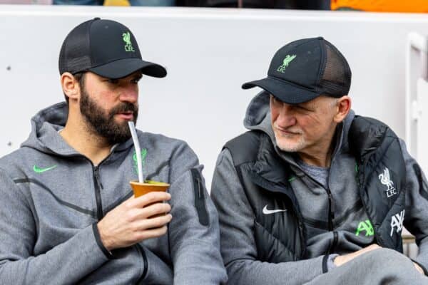 LIVERPOOL, ENGLAND - Sunday, March 31, 2024: Liverpool's goalkeeper Alisson Becker (L) with a maté drink (chimarrão) sits with goalkeeping coach Claudio Taffarel before the FA Premier League match between Liverpool FC and Brighton & Hove Albion FC at Anfield. Liverpool won 2-1. (Photo by David Rawcliffe/Propaganda)