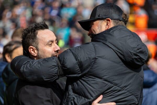 LIVERPOOL, ENGLAND - Sunday, March 31, 2024: Brighton & Hove Albion's manager Roberto De Zerbi (L) embraces Liverpool's manager Jürgen Klopp before the FA Premier League match between Liverpool FC and Brighton & Hove Albion FC at Anfield. Liverpool won 2-1. (Photo by David Rawcliffe/Propaganda)