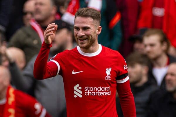 LIVERPOOL, ENGLAND - Sunday, March 31, 2024: Liverpool's Alexis Mac Allister reacts as he is shown a yellow card during the FA Premier League match between Liverpool FC and Brighton & Hove Albion FC at Anfield. Liverpool won 2-1. (Photo by David Rawcliffe/Propaganda)