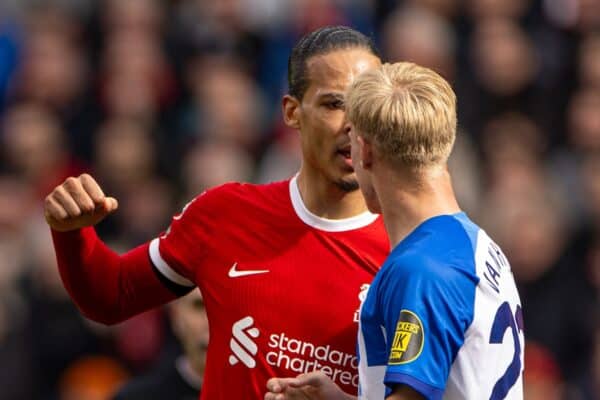 LIVERPOOL, ENGLAND - Sunday, March 31, 2024: Liverpool's captain Virgil van Dijk (L) clashes with Brighton & Hove Albion's Jan Paul van Hecke during the FA Premier League match between Liverpool FC and Brighton & Hove Albion FC at Anfield. Liverpool won 2-1. (Photo by David Rawcliffe/Propaganda)