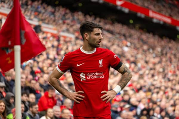 LIVERPOOL, ENGLAND - Sunday, March 31, 2024: Liverpool's Dominik Szoboszlai prepares to take a corner-kick during the FA Premier League match between Liverpool FC and Brighton & Hove Albion FC at Anfield. Liverpool won 2-1. (Photo by David Rawcliffe/Propaganda)