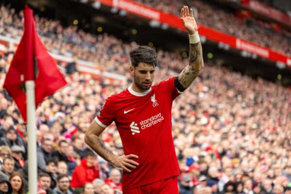 LIVERPOOL, ENGLAND - Sunday, March 31, 2024: Liverpool's Dominik Szoboszlai prepares to take a corner-kick during the FA Premier League match between Liverpool FC and Brighton & Hove Albion FC at Anfield. Liverpool won 2-1. (Photo by David Rawcliffe/Propaganda)