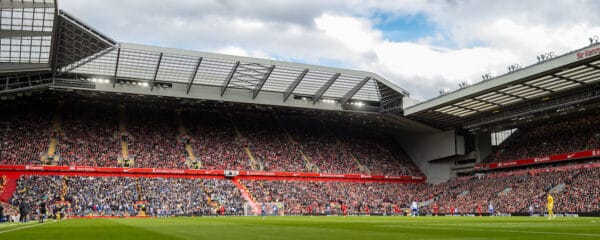 LIVERPOOL, ENGLAND - Sunday, March 31, 2024: A general view of the new Anfield Road stand during the FA Premier League match between Liverpool FC and Brighton & Hove Albion FC at Anfield. Liverpool won 2-1. (Photo by David Rawcliffe/Propaganda) This image is a digital composite of several images.