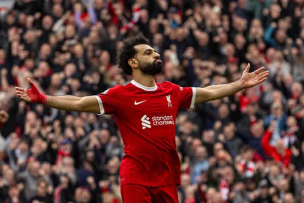 LIVERPOOL, ENGLAND - Sunday, March 31, 2024: Liverpool's Mohamed Salah celebrates after scoring his side's winning second goal during the FA Premier League match between Liverpool FC and Brighton & Hove Albion FC at Anfield. Liverpool won 2-1. (Photo by David Rawcliffe/Propaganda)