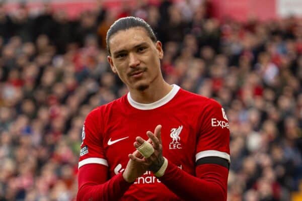 LIVERPOOL, ENGLAND - Sunday, March 31, 2024: Liverpool's Darwin Núñez applauds the supporters as he is substituted during the FA Premier League match between Liverpool FC and Brighton & Hove Albion FC at Anfield. Liverpool won 2-1. (Photo by David Rawcliffe/Propaganda)