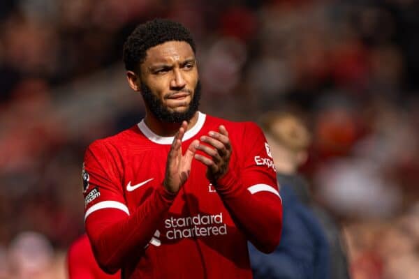 LIVERPOOL, ENGLAND - Sunday, March 31, 2024: Liverpool's Joe Gomez during the FA Premier League match between Liverpool FC and Brighton & Hove Albion FC at Anfield. Liverpool won 2-1. (Photo by David Rawcliffe/Propaganda)