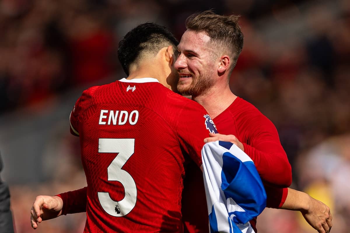 LIVERPOOL, ENGLAND - Sunday, March 31, 2024: Liverpool's Wataru End? (L) and Alexis Mac Allister celebrate after the FA Premier League match between Liverpool FC and Brighton & Hove Albion FC at Anfield. Liverpool won 2-1. (Photo by David Rawcliffe/Propaganda)