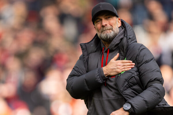 LIVERPOOL, ENGLAND - Sunday, March 31, 2024: Liverpool's manager Jürgen Klopp celebrates after the FA Premier League match between Liverpool FC and Brighton & Hove Albion FC at Anfield. Liverpool won 2-1. (Photo by David Rawcliffe/Propaganda)