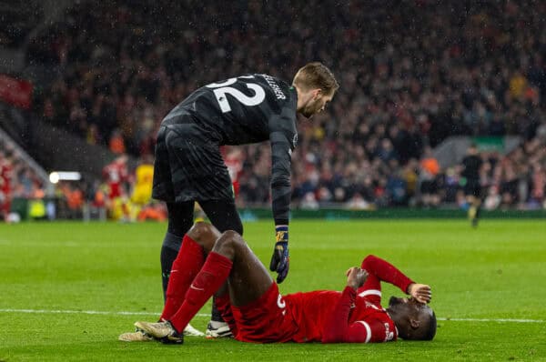 LIVERPOOL, ENGLAND - Thursday, April 4, 2024: Liverpool's Ibrahima Konaté goes down with an injury during the FA Premier League match between Liverpool FC and Sheffield United FC at Anfield. Liverpool won 3-1. (Photo by David Rawcliffe/Propaganda)