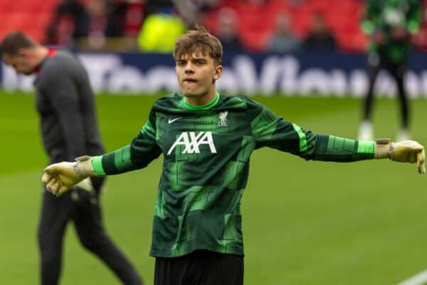 MANCHESTER, ENGLAND - Sunday, April 7, 2024: Liverpool's goalkeeper Kornel Misciur during the pre-match warm-up before the FA Premier League match between Manchester United FC and Liverpool FC at Old Trafford. The game ended in a 2-2 draw. (Photo by David Rawcliffe/Propaganda)