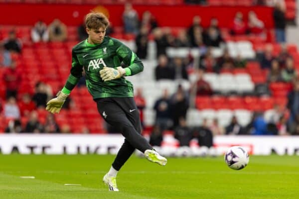 MANCHESTER, ENGLAND - Sunday, April 7, 2024: Liverpool's goalkeeper Kornel Misciur during the pre-match warm-up before the FA Premier League match between Manchester United FC and Liverpool FC at Old Trafford. The game ended in a 2-2 draw. (Photo by David Rawcliffe/Propaganda)